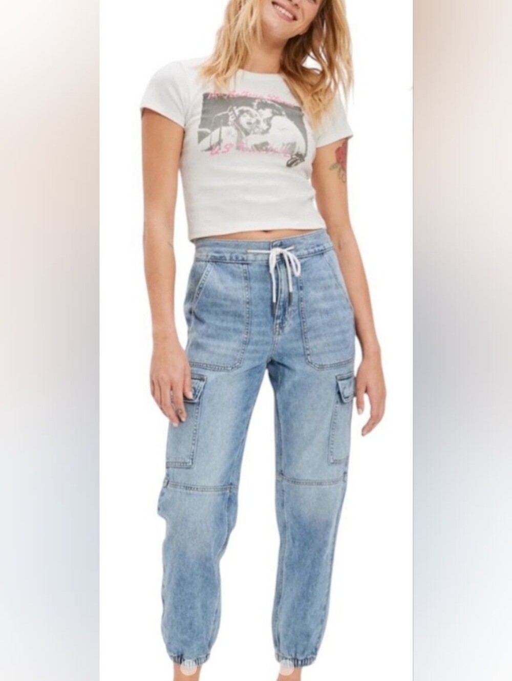 American Eagle Joggers Womens 4 Denim Cargo Pants Drawstring Light Blue Wash